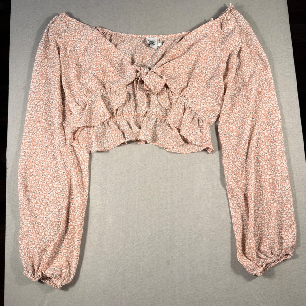 Princess Polly Peach Floral Boho Crop Top Long Sleeve Ruffle Hem Size 8 med